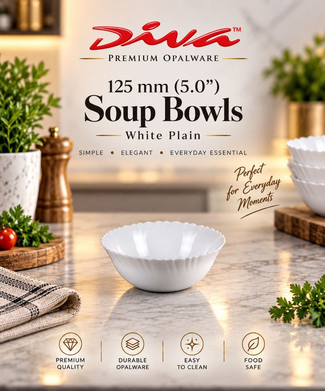 Soup bowl white opalware scalloped edge on marble counter — iDecorators Kenya