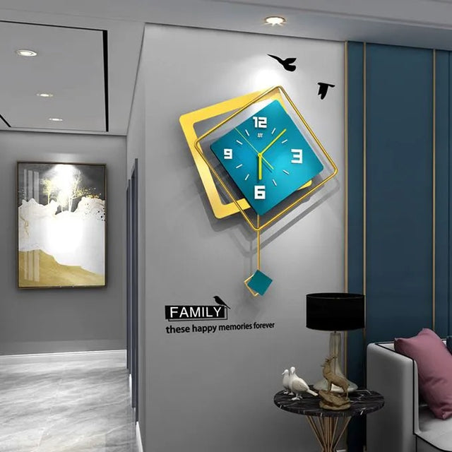 Square pendulum wall clock teal gold modern living room — iDecorators Kenya