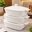 Casserole dish set white fluted ceramic with lids stacked on shelf — iDecorators Kenya