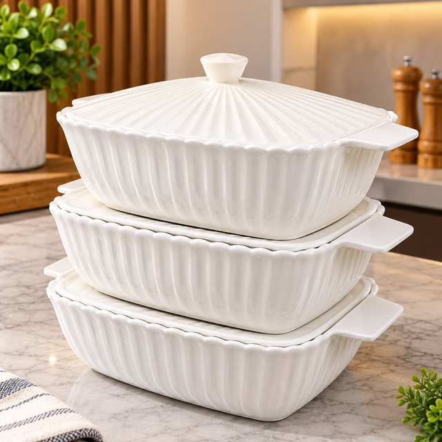 Casserole dish set white fluted ceramic with lids stacked on shelf — iDecorators Kenya