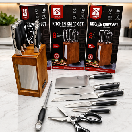 Shop 8pcs stainless steel knife set in Kenya. Sharp, durable kitchen knives with wooden block, scissors and sharpener for professional cooking.