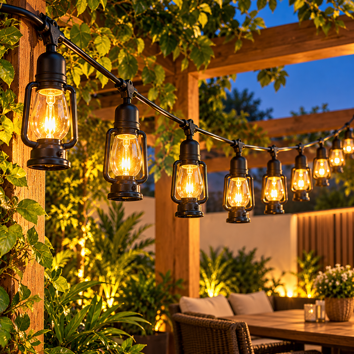 String lights black lantern style warm Edison bulbs on garden pergola at night — iDecorators Kenya