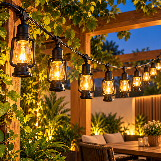 String lights black lantern style warm Edison bulbs on garden pergola at night — iDecorators Kenya
