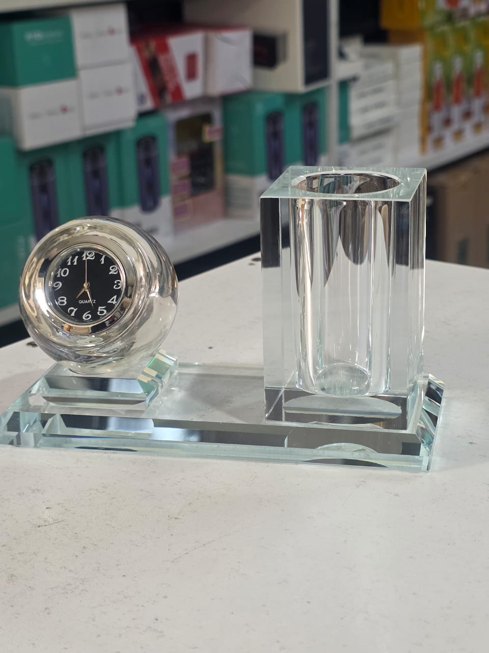 Crystal glass Desktop clock & pen holder set 