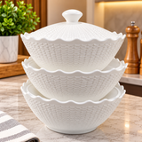Serving bowl set white textured ceramic with lids stacked on shelf — iDecorators Kenya