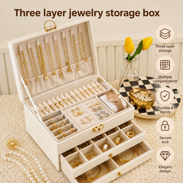 Three layer leather jewelry storage box with lock — iDecorators Kenya