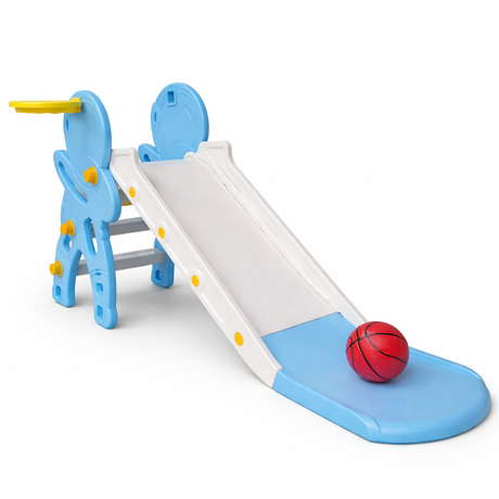 Children's playground slide with basketball hoop and ball on a white background