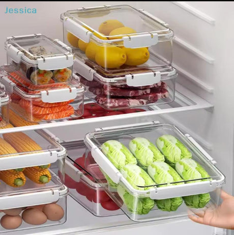Transparent airtight acrylic food storage containers with locking lids in 700ml, 1700ml, and 3300ml sizes.
