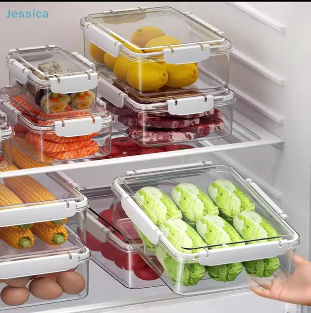 Transparent airtight acrylic food storage containers with locking lids in 700ml, 1700ml, and 3300ml sizes.