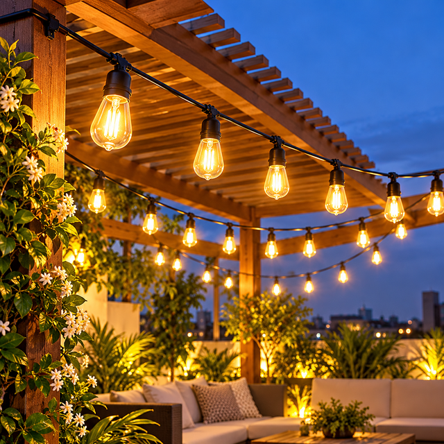 String lights black cable warm Edison style bulbs on rooftop pergola at night — iDecorators Kenya