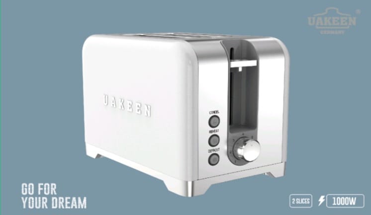 UAKEEN Germany 1000W 2-slice retro toaster in matte black with chrome trim, cancel reheat and defrost function buttons and browning level dial