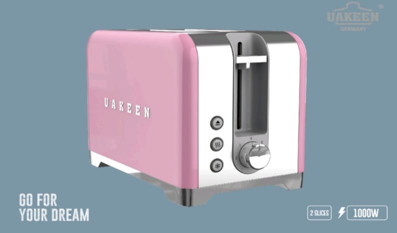 UAKEEN Germany 1000W 2-slice retro toaster in matte black with chrome trim, cancel reheat and defrost function buttons and browning level dial