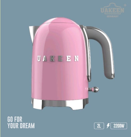 UAKEEN ZL-038 2L 2200W retro pink electric kettle with chrome 3D lettering, transparent chrome handle and chrome dome lid on marble surface