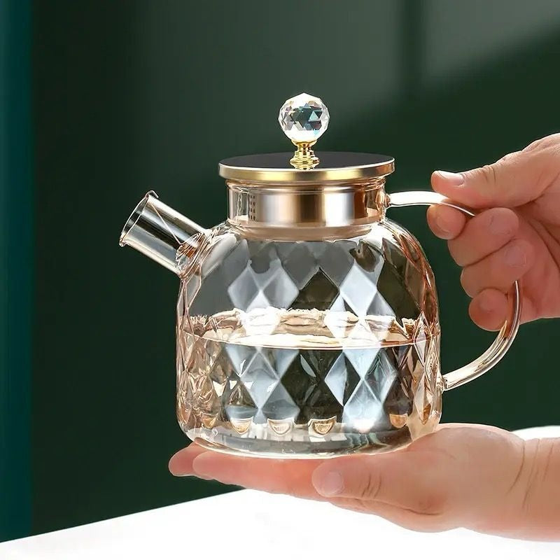 ✅Champagne Color Diamond Texture Surface Glass Kettle Heat-resistant Thicken Glass Household Juice Flower Teapot