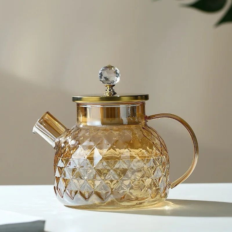 ✅Champagne Color Diamond Texture Surface Glass Kettle Heat-resistant Thicken Glass Household Juice Flower Teapot