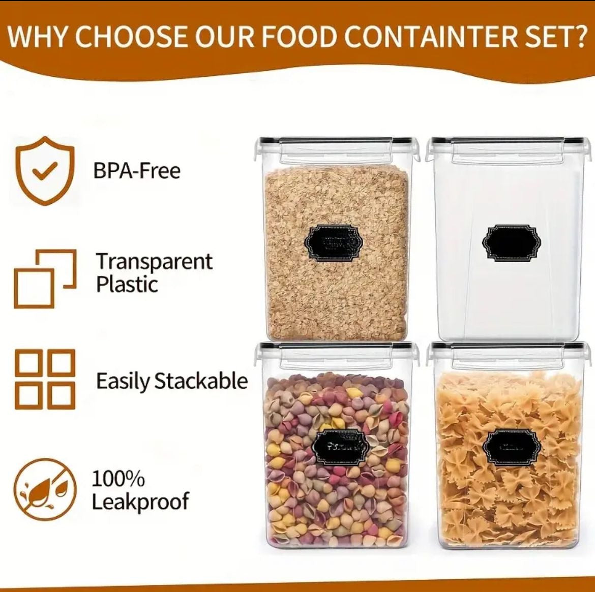 BPA free airtight Food storage containers. Capacity:5.2ltr 4pcs