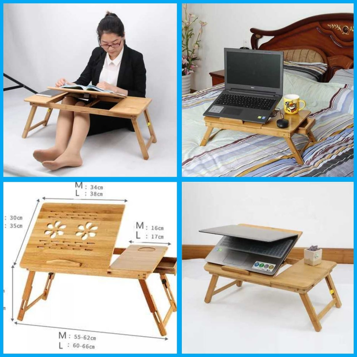 Foldable Bamboo laptopTable with double Fans and a drawer