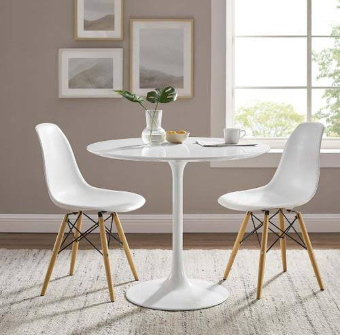 Round Dining Table with Faux Marble Top and Pedestal Base
