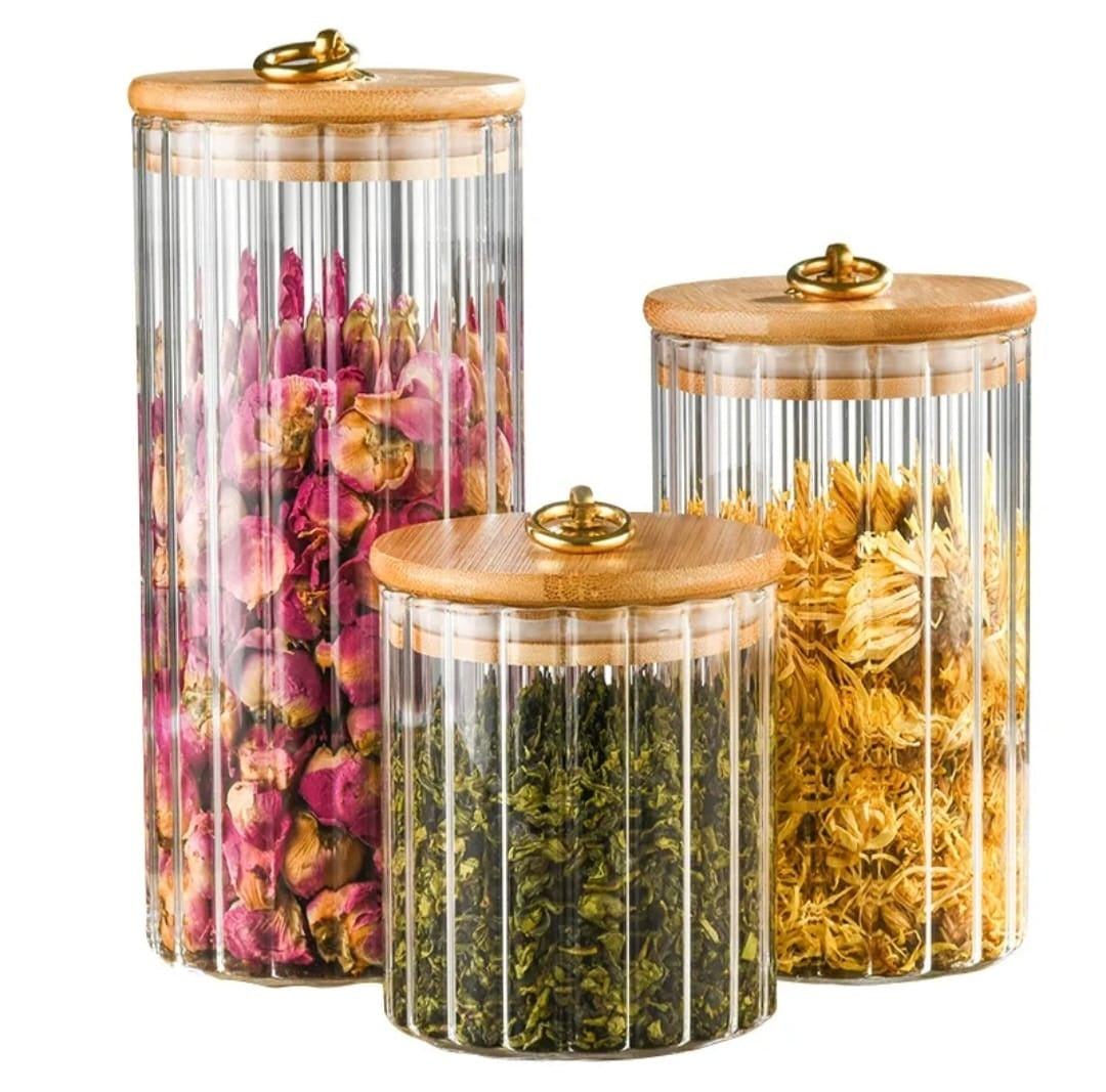 Set Glass Storage Jars With Bamboo Lids