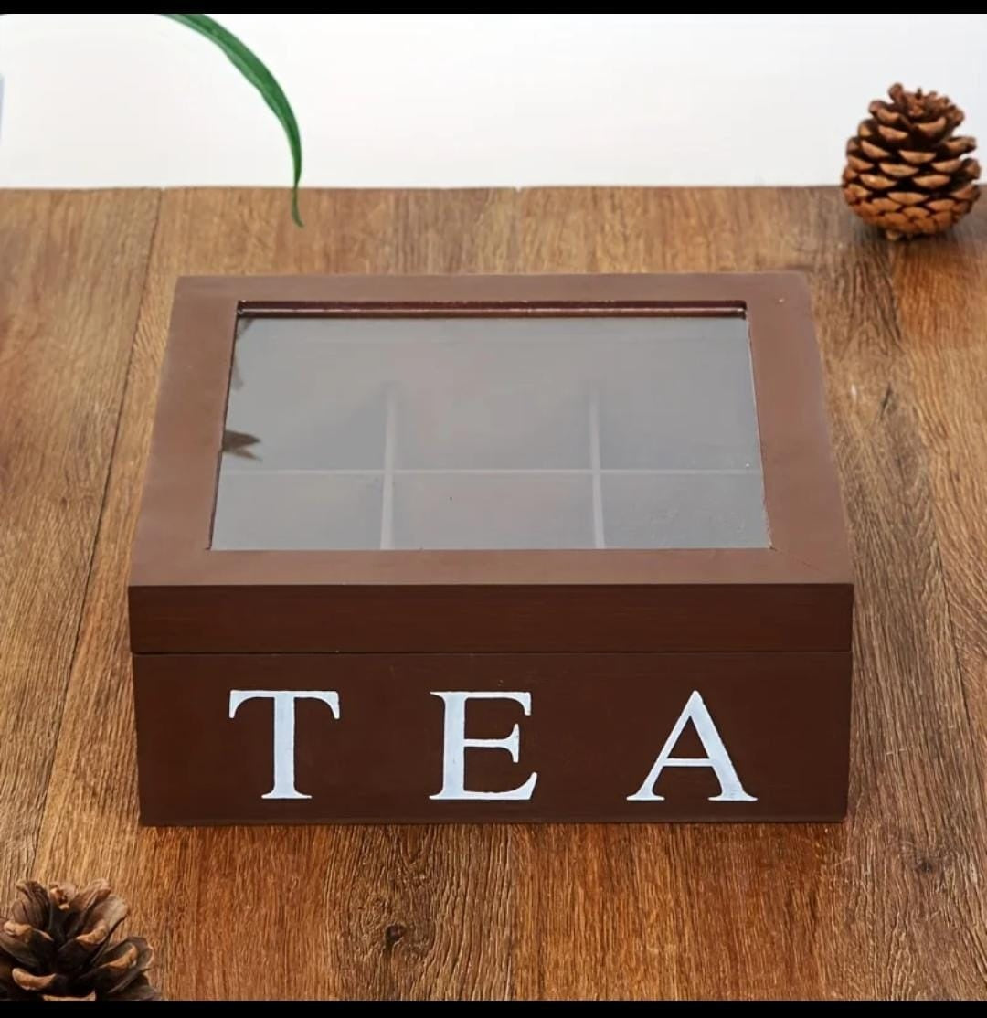 Wooden 9 Grids Tea Box Tea Bags Container Storage Box Case Transparent Top Lid