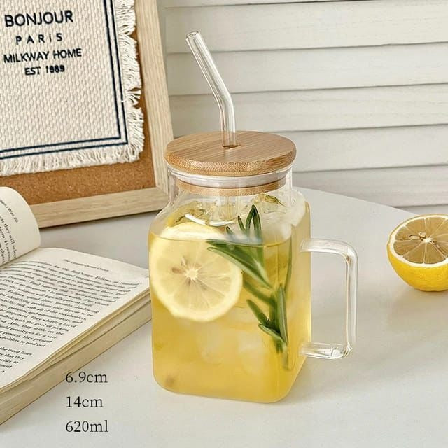 high quality borosilicate glass cup with handle and bamboo lid 620ml