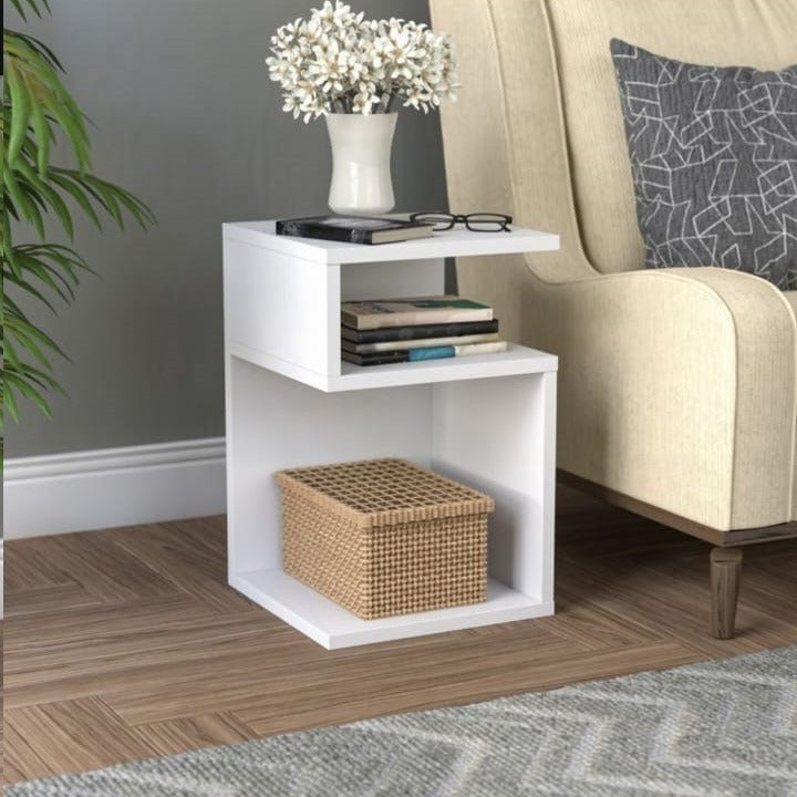 S-Shaped Side Table with 2 Open Storage Compartments