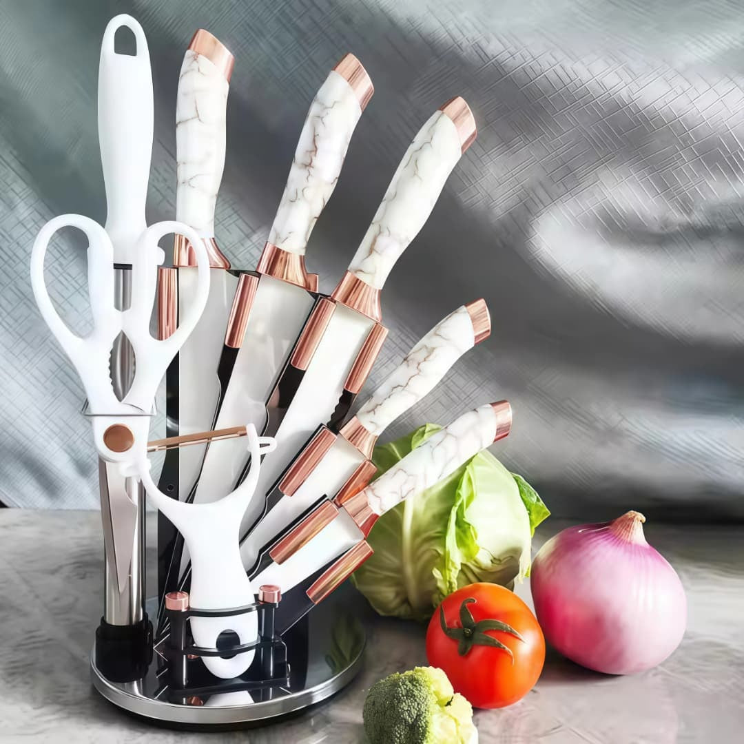Rose Gold Marble Pattern Paint Knife Set Elegant Durable Household Hotel Restaurant Knife Suit 9 Piece