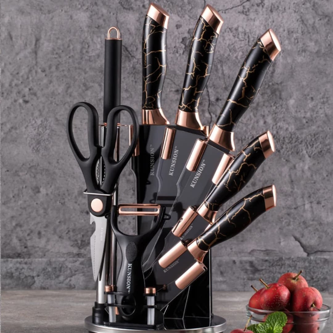 Rose Gold Marble Pattern Paint Knife Set Elegant Durable Household Hotel Restaurant Knife Suit 9 Piece