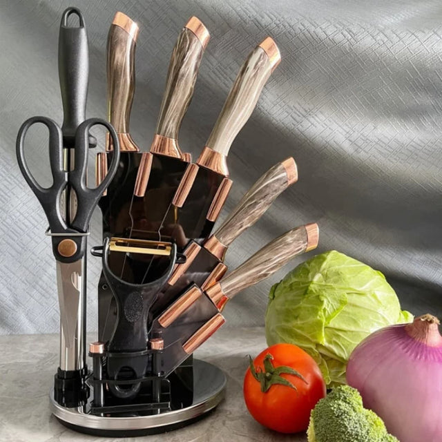 9 Piece Rose Gold Marble Pattern Paint Knife Set Elegant Durable Household Hotel Restaurant Knife Suit

Set Includes: 9 essential kitchen knives for versatile use

Design: Elegant rose gold finish with marble pattern handles

Durable: Made from high-quality stainless steel for long-lasting performance

Versatile Use: Ideal for home kitchens, restaurants, and hotels

Comfort Grip: Ergonomic handles for safe and comfortable use