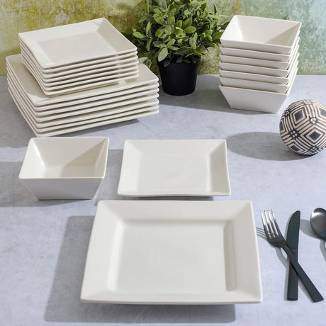 18-Piece Double Square Dinner Set – Modern & Functional

Design: Stylish double square shape for a contemporary dining experience

Material: High-quality ceramic, ideal for both everyday meals and special occasions

Set Includes:
• 6 pcs dinner plates (10")
• 6 pcs side plates (8")
• 6 pcs bowls (6")

Perfect for serving family meals with a clean, modern presentation.