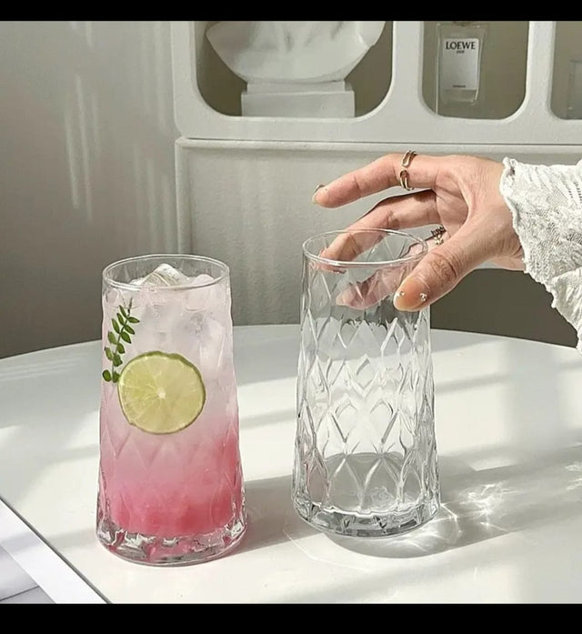 Set of 6 Diamond Aesthetic Highball Glasses
Elegant Design: Features a unique diamond-cut pattern for a stylish and luxurious look.

Premium Quality: Made from thick, high-quality glass for durability and clarity.

Generous Capacity: Ideal for serving cocktails, juice, soda, or water in style.

Comfortable Grip: Ergonomic shape ensures easy handling and a firm grip.

Perfect for Any Setting: Suitable for home use, dinner parties, or gifting.

