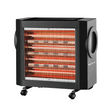Rebune electric quartz heater in matte black with 5 heating elements behind a metal safety grille, side carry handles, and 4 rolling caster wheels