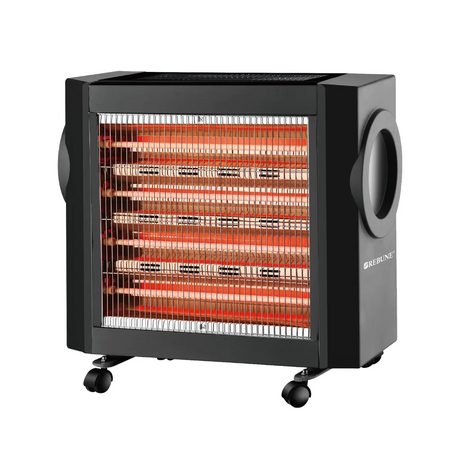 Rebune electric quartz heater in matte black with 5 heating elements behind a metal safety grille, side carry handles, and 4 rolling caster wheels