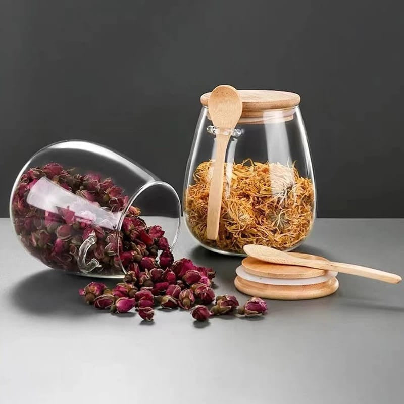 Glass spice/ Storage Canister with Wooden Spoon