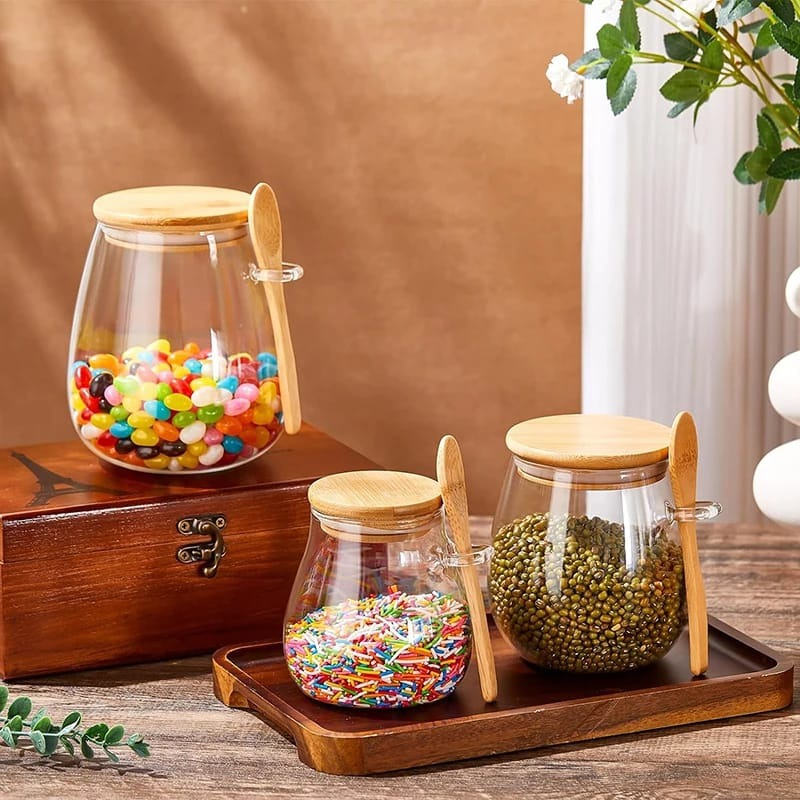 Glass spice/ Storage Canister with Wooden Spoon