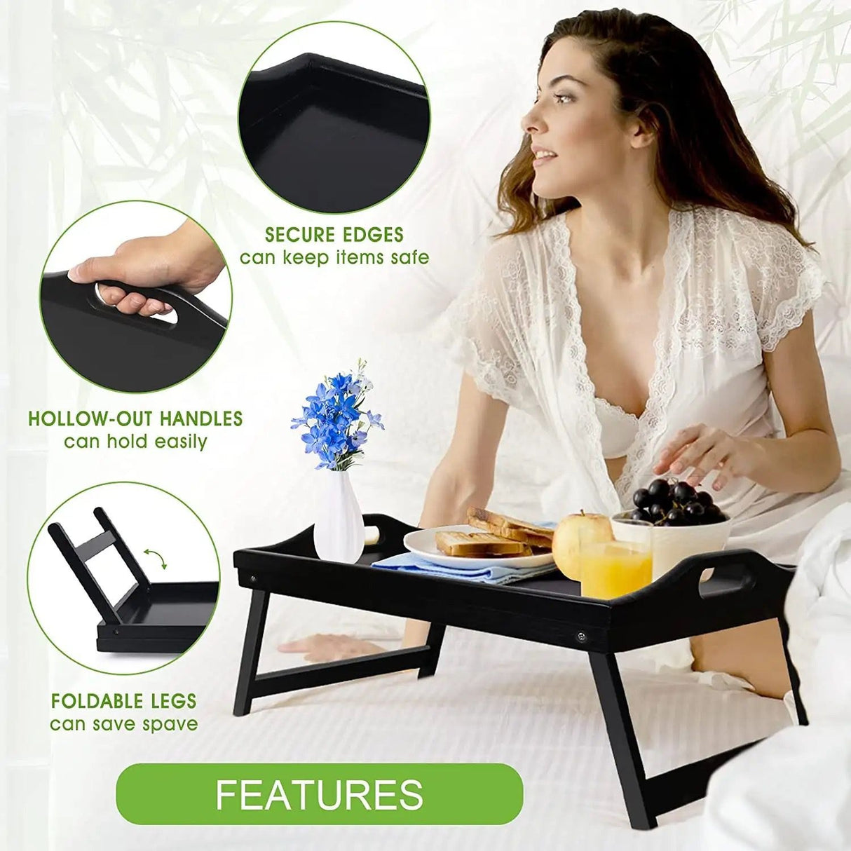 Eco friendly black bamboo tray with foldable legs