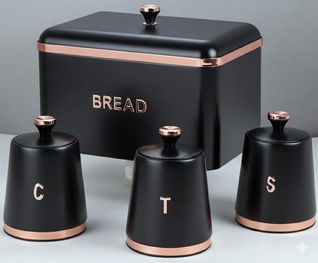 Bread Bin With Three Canister Set With Touch Of Gold