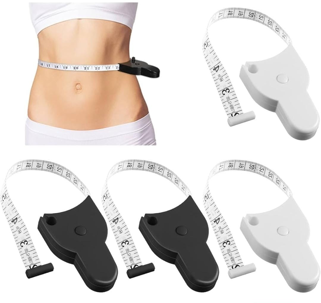 A set of retractable body fitness measuring tapes in black and white colors, shown both extended and retracted, with one being used on a person's waist.