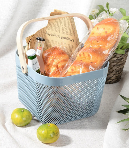 Portable storage basket with mesh & wooden handle