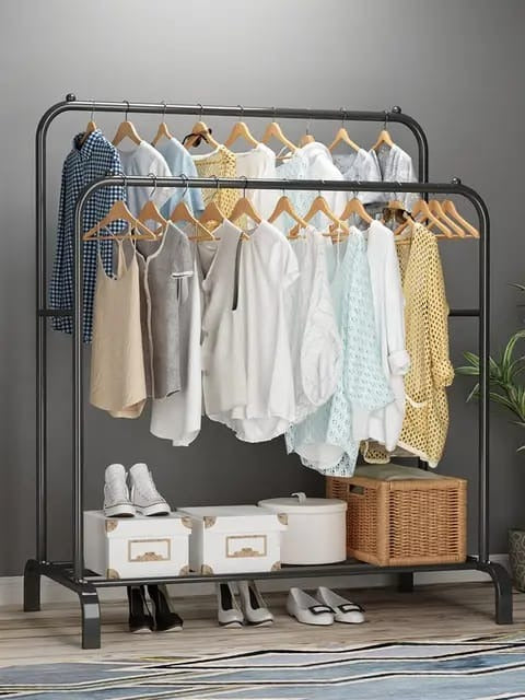 Straight Double Clothes Rack with 2 Bottom Shelf Storage Organizer Space & has Side Hooks