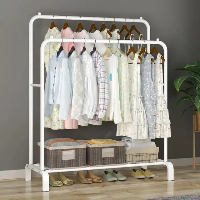 Straight Double Clothes Rack with 2 Bottom Shelf Storage Organizer Space & has Side Hooks