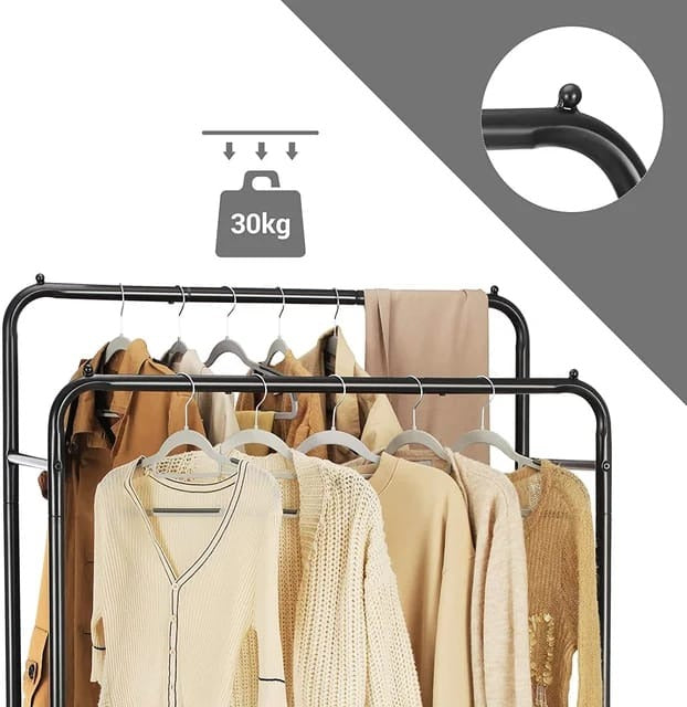 Straight Double Clothes Rack with 2 Bottom Shelf Storage Organizer Space & has Side Hooks