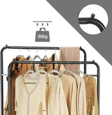 Straight Double Clothes Rack with 2 Bottom Shelf Storage Organizer Space & has Side Hooks