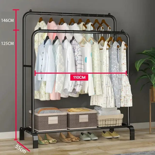 Straight Double Clothes Rack with 2 Bottom Shelf Storage Organizer Space & has Side Hooks