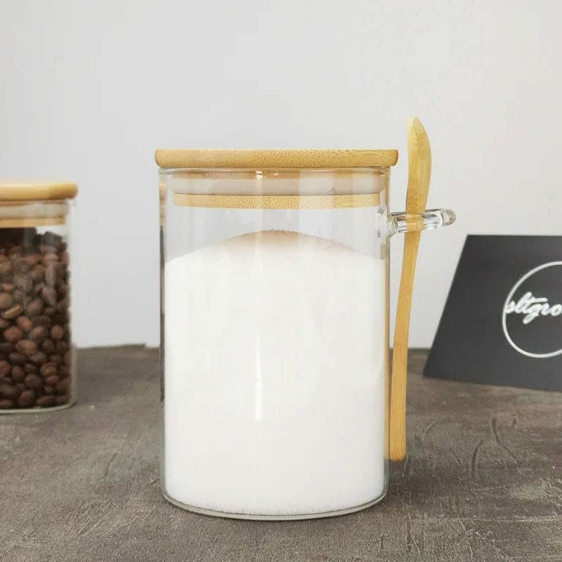 Glass spice / storage jar with spoon and bamboo lid