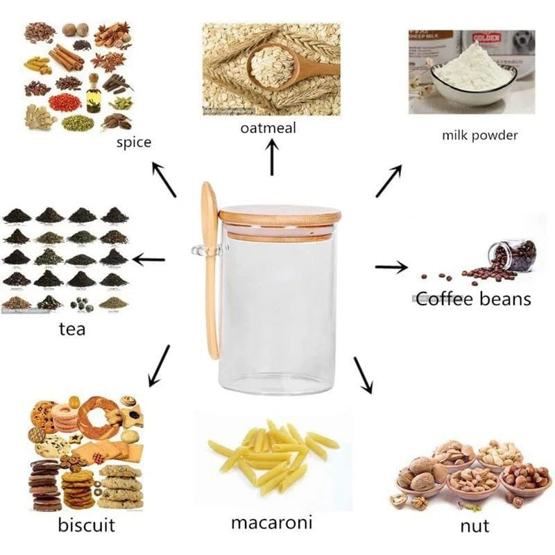 Glass spice / storage jar with spoon and bamboo lid