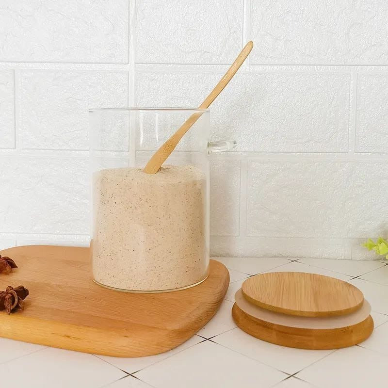 Glass spice / storage jar with spoon and bamboo lid