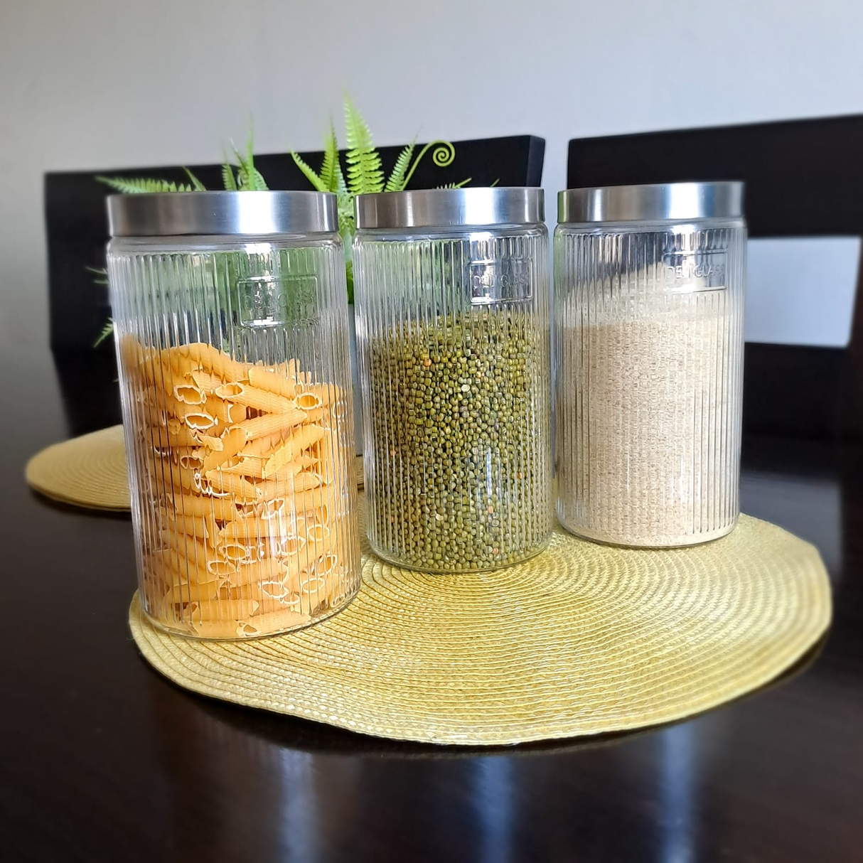 3pc Ribbed Glass Bamboo Lid storage jars