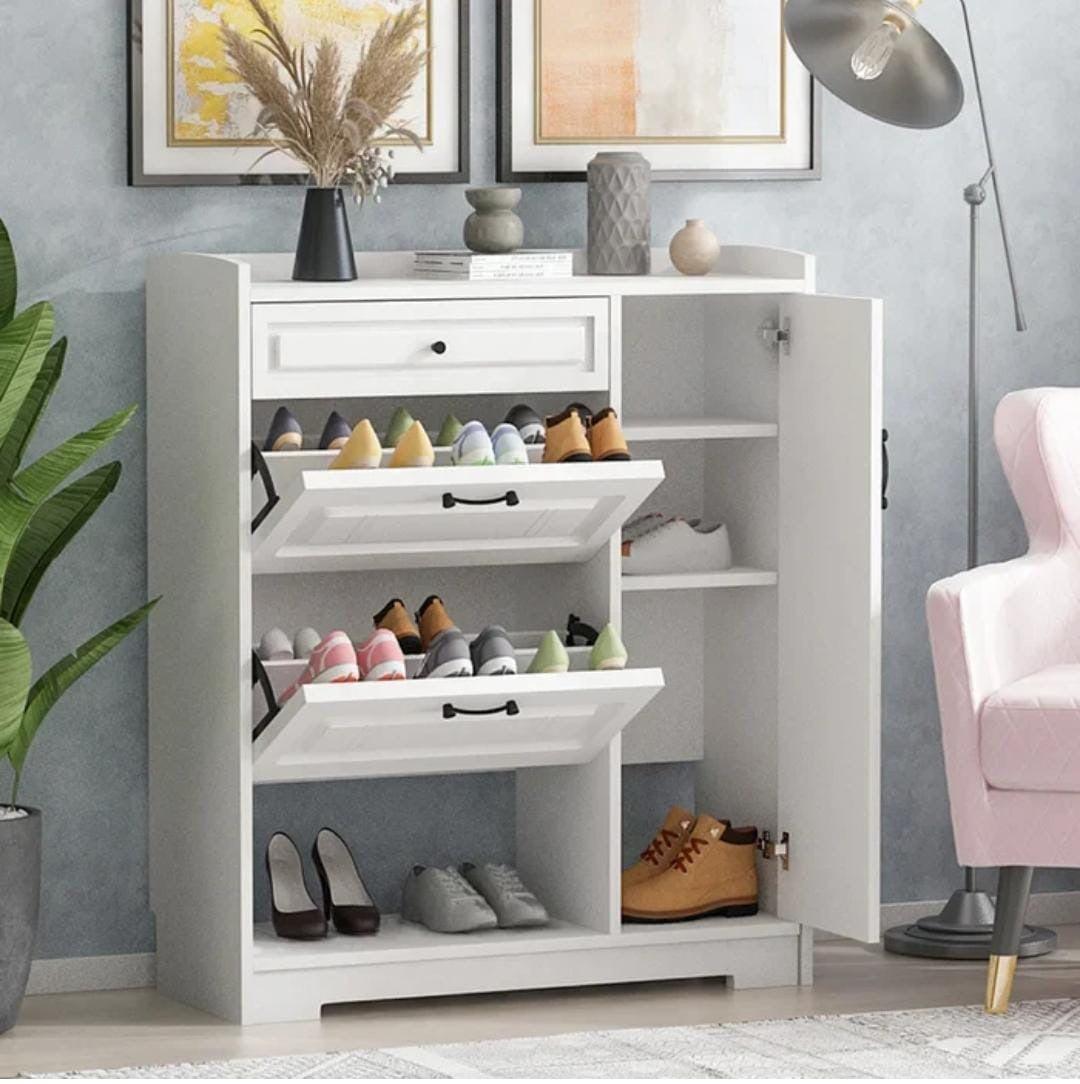 Shoe Cabinet for Entryway, White Narrow Shoe Storage Organizer with side  Door,  Drawer & 2Flip Down Shoe Rack Wood 4 Tier Shoe Storage Cabinet for Hallway, Living Room,Home and Apartment