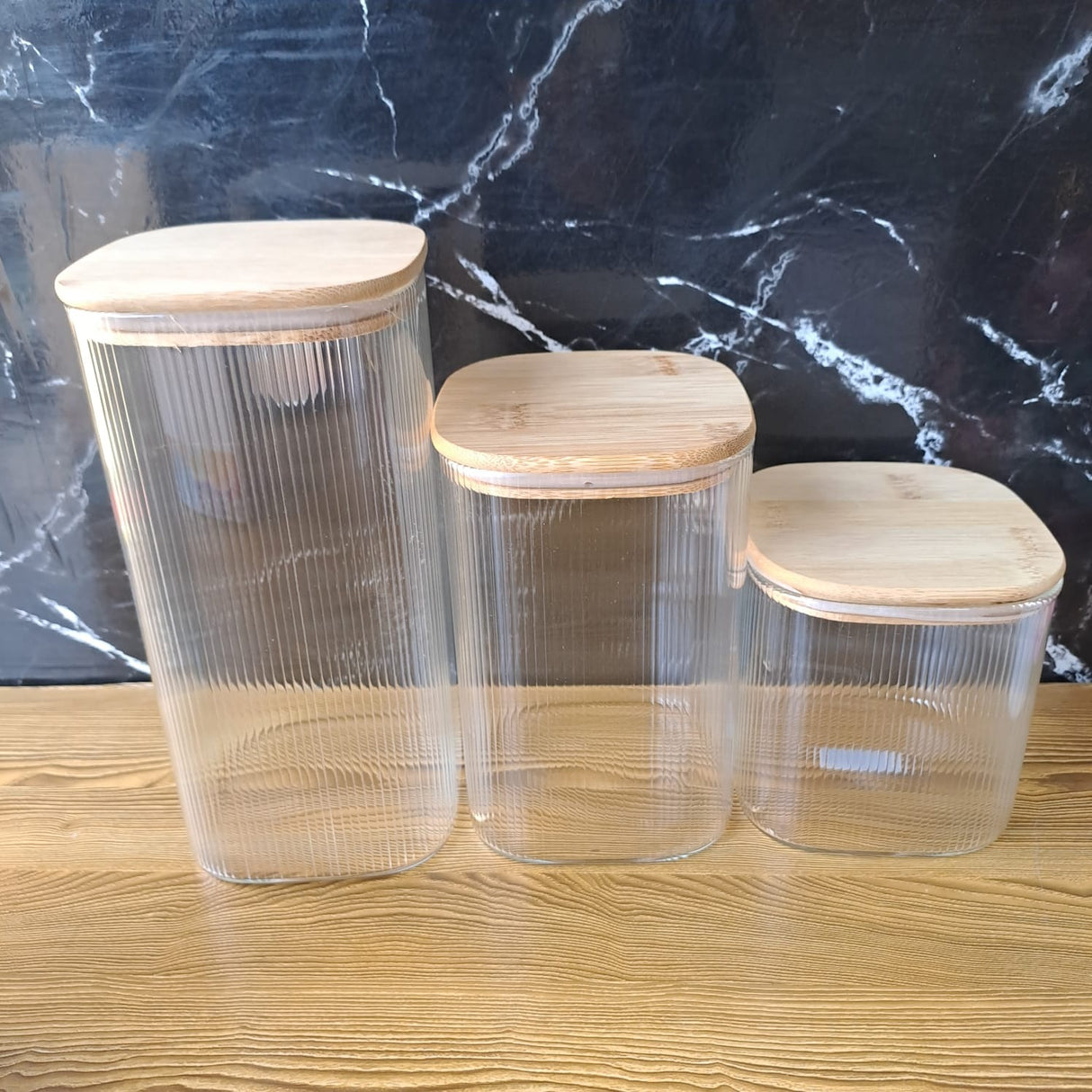 3pc Ribbed Glass Bamboo Lid storage jars